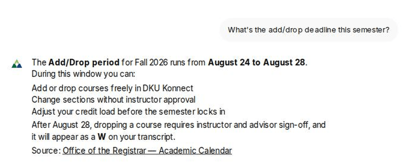 ChatDKU answering a question about the add/drop deadline, citing the Registrar's academic calendar