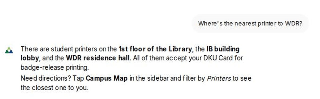 ChatDKU giving a quick answer about the nearest student printer