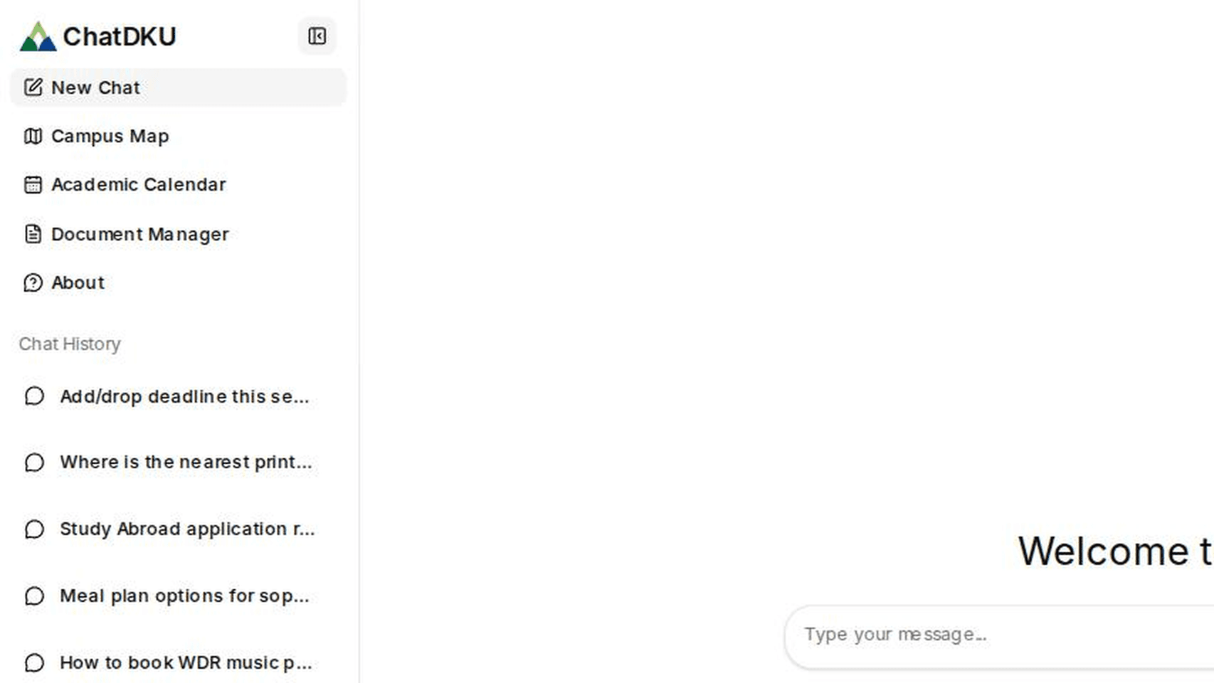 ChatDKU sidebar showing a list of saved past conversations