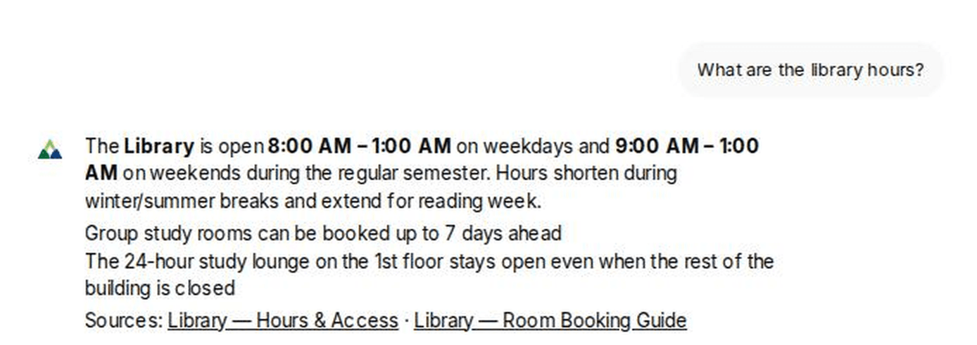 ChatDKU answer about library hours with linked source citations