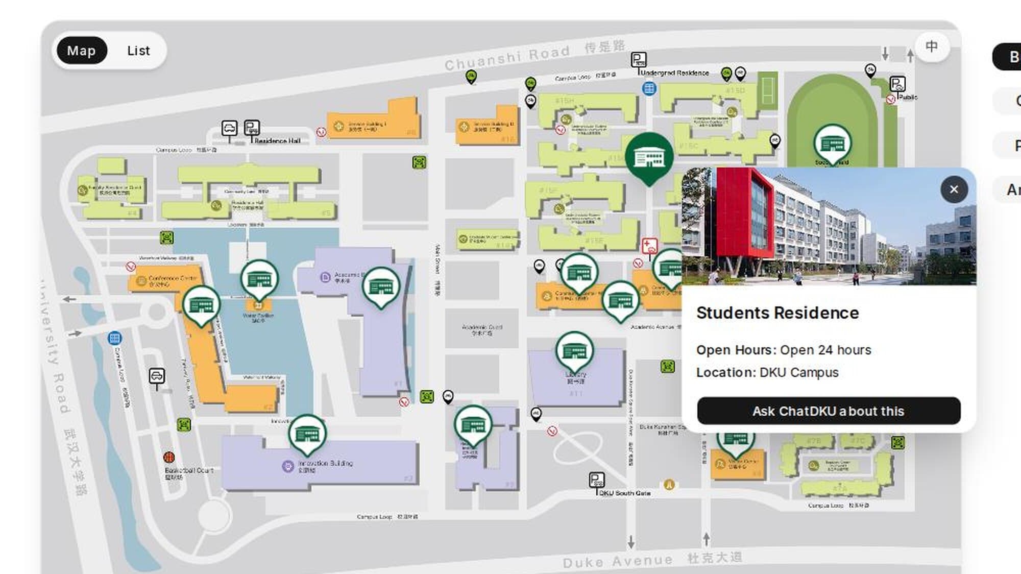 Interactive campus map with a building's hours and location details open